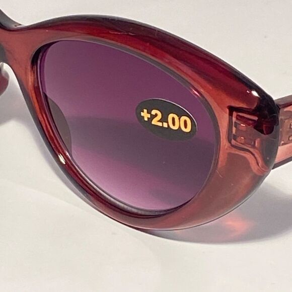 0834 Reading Sunglasses 2.00 Clear Cranberry Sweetheart Frames Purple Lenses NWT - Picture 7 of 8